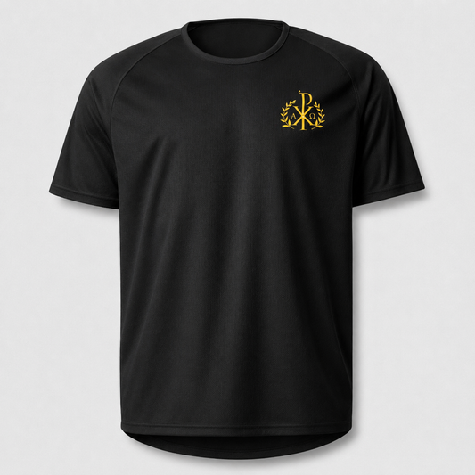 A black short-sleeve athletic t-shirt with a gold monogram logo on the left chest, displayed on a light gray background.