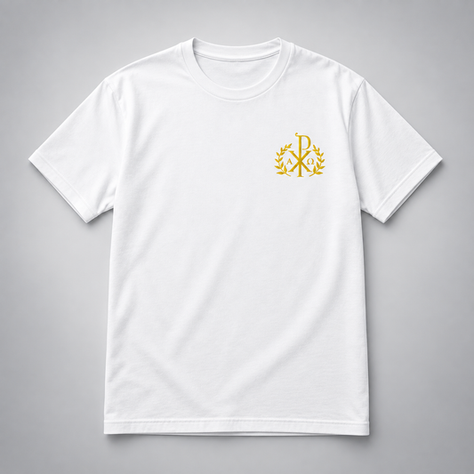 A white short-sleeve crewneck t-shirt with a small gold monogram logo on the left chest, displayed flat against a neutral gray background.
