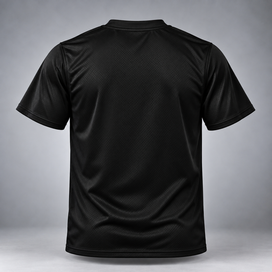 Black short-sleeve athletic jersey shown from the back, featuring a subtle textured mesh pattern and a crew neck, photographed against a neutral gray studio background.