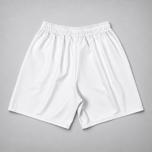 White athletic shorts with an elastic waistband, laid flat on a neutral gray background.