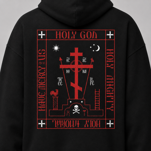 A black hoodie shown from the back, featuring a large red graphic print with a cross, religious symbols, and the text 'HOLY GOD' and 'HOLY MIGHTY'.