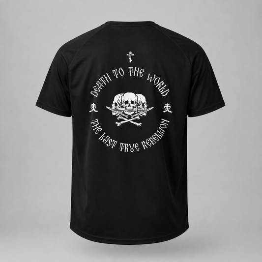 Black short-sleeve raglan t-shirt shown from the back, featuring a large white circular graphic with a skull and crossbones design and the text  'THE LAST TRUE REBELLION'.