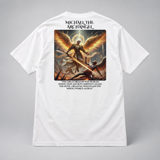 White short-sleeve t-shirt shown from the back, featuring a large graphic print of Michael the Archangel with a sword and glowing wings, with text above and below the artwork, on a light gray background.