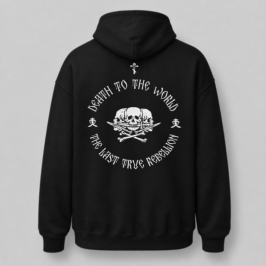 a black hoodie with a back design of some skulls and text on a white background