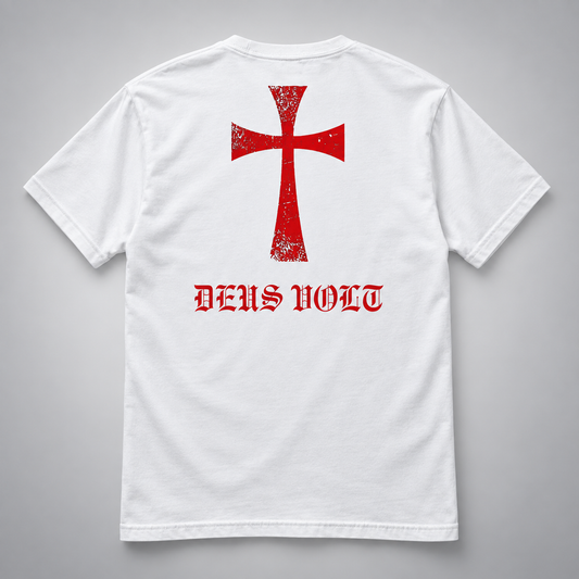 White short-sleeve T-shirt shown from the back, featuring a large distressed red cross graphic and the words 'DEUS VOLT' in red gothic lettering below it, on a light gray background.
