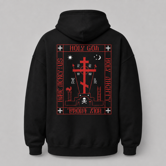 A black pullover hoodie shown from the back, featuring a large red and white occult-style graphic print with crosses, symbols, and text 