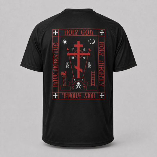 A black short-sleeve t-shirt shown from the back, featuring a large red and white gothic graphic print with crosses, a skull, and religious text on a light gray background.