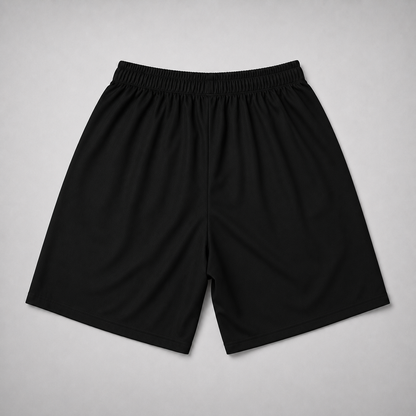 Black athletic shorts with an elastic waistband, laid flat on a light gray background.