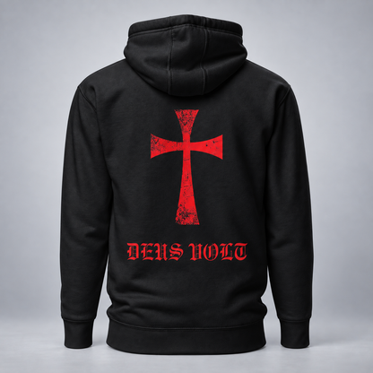 A black pullover hoodie shown from the back, featuring a large distressed red cross graphic and the words 'DEUS VOLT' in red gothic lettering below it, set against a neutral gray background.