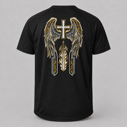 A black short-sleeve t-shirt shown from the back, featuring a large graphic print of a gold and white cross, angel wings, and a sword on a light gray background.