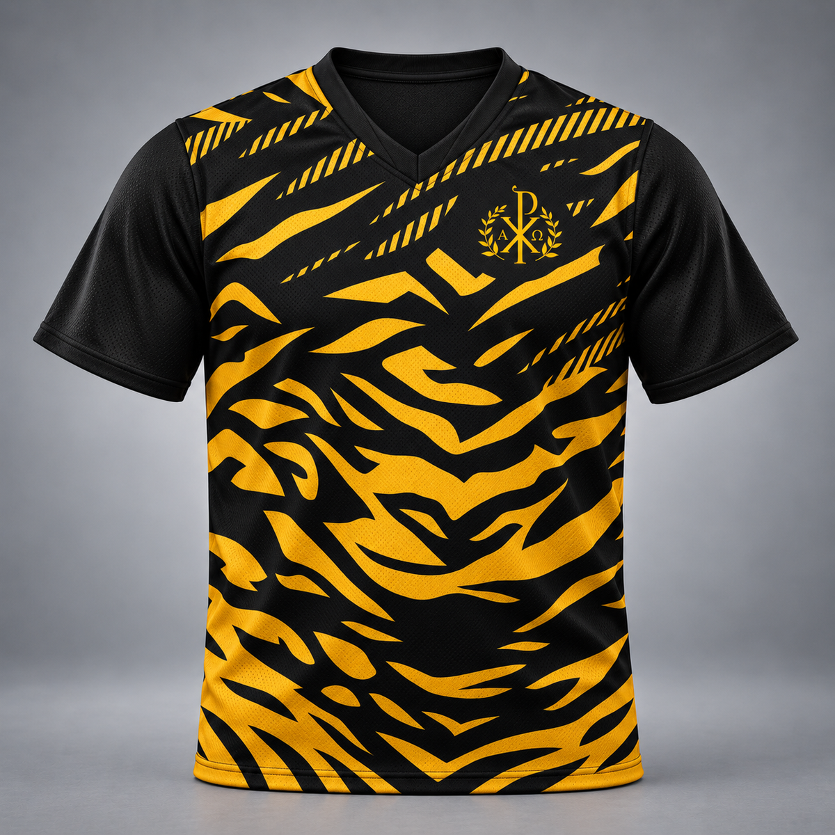 A short-sleeve V-neck athletic jersey with a bold black and yellow tiger-stripe pattern, featuring a gold monogram logo on the chest, displayed on a neutral gray background.