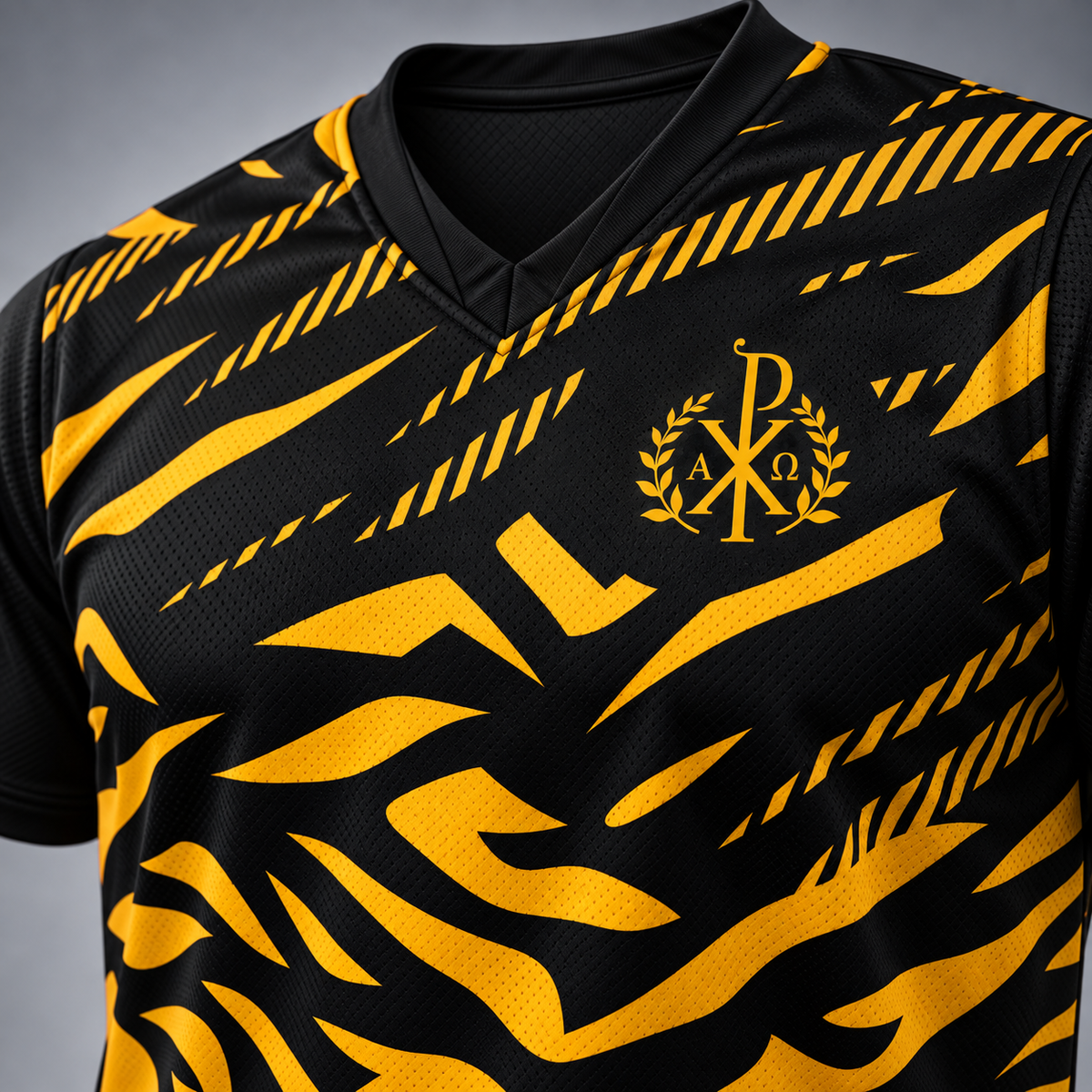 Close-up of a black athletic jersey with a bold yellow abstract pattern and a gold monogram crest on the chest, shown against a neutral gray background.