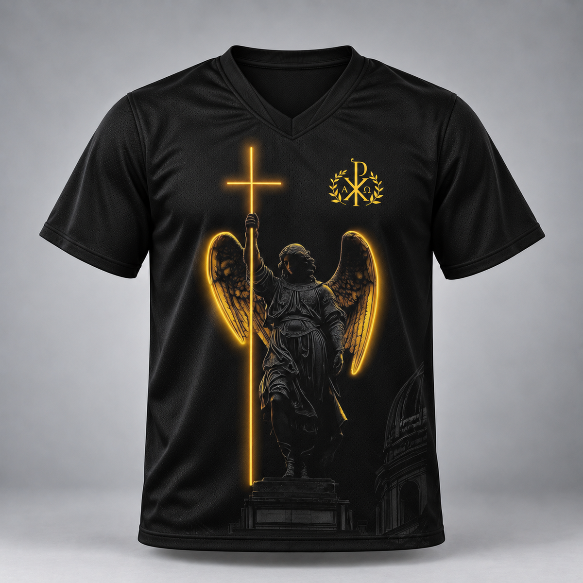 A black short-sleeve V-neck t-shirt with a graphic print of an angel statue holding a glowing golden cross, with a gold monogram logo on the upper chest, shown against a gray gradient background.