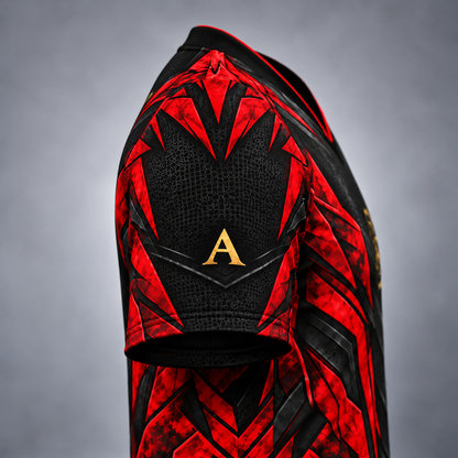 Close-up of the back of a short-sleeve athletic jersey in black and red with a textured pattern and a gold letter 'A' on the upper back, shown against a gray gradient background.