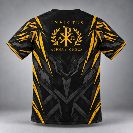 Black short-sleeve t-shirt with a gold and gray geometric graphic design, featuring the text 'INVICTUS ALPHA & OMEGA' and a Chi-Rho emblem on the back, shown against a gray studio background.