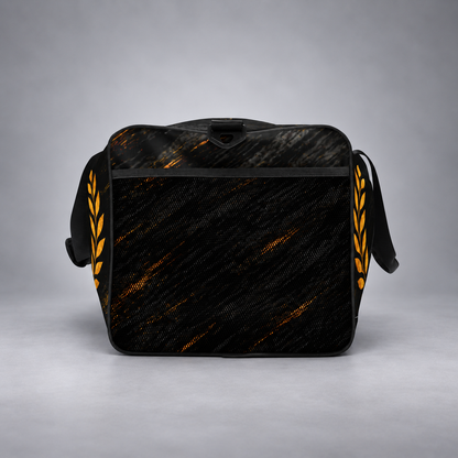 A black messenger bag with a textured, woven-like pattern and bright orange-gold streaks, featuring a black shoulder strap with gold laurel leaf details on both sides, set against a neutral gray studio background.