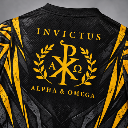 Close-up of the back of a black athletic jersey with yellow and gray geometric side panels and a large yellow Greek-letter crest reading INVICTUS ALPHA & OMEGA with laurel branches.
