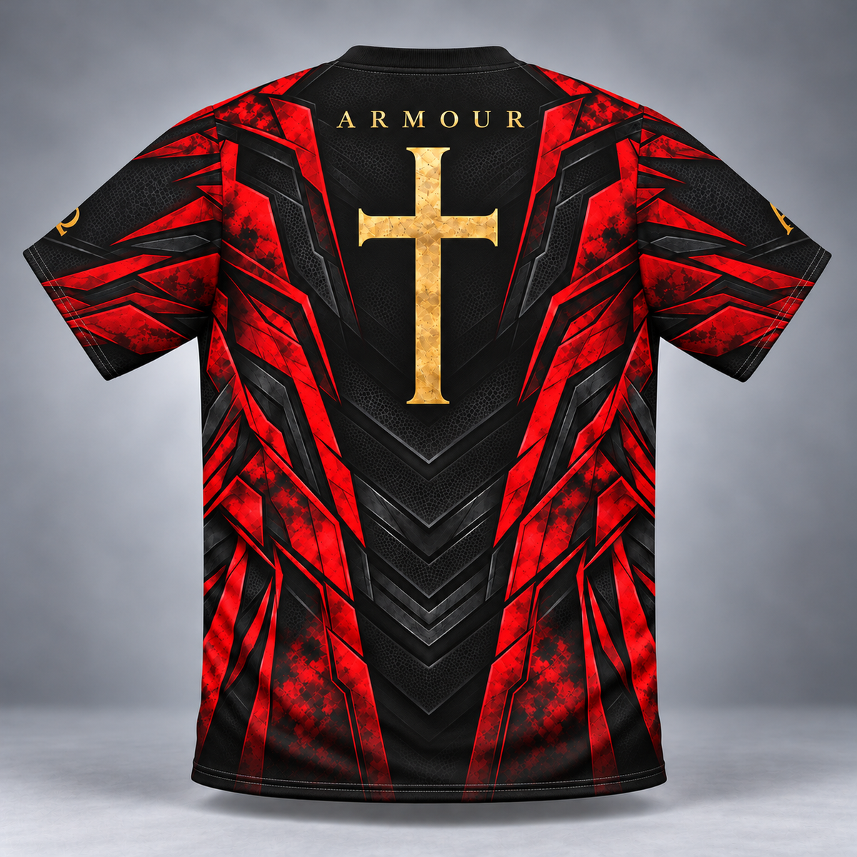 A short-sleeve athletic jersey shown from the back, featuring a black and red geometric armor-inspired pattern with a large gold cross in the center and the word 'ARMOUR' printed above it. The jersey is displayed on a neutral gray studio background.