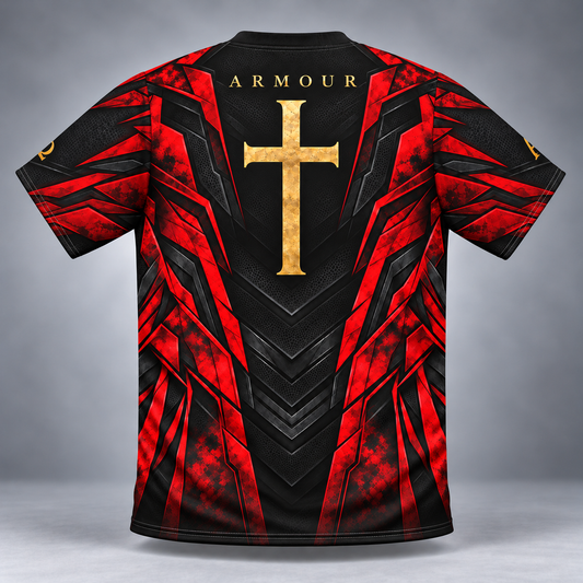 A short-sleeve athletic jersey shown from the back, featuring a black and red geometric armor-inspired pattern with a large gold cross in the center and the word 'ARMOUR' printed above it. The jersey is displayed on a neutral gray studio background.