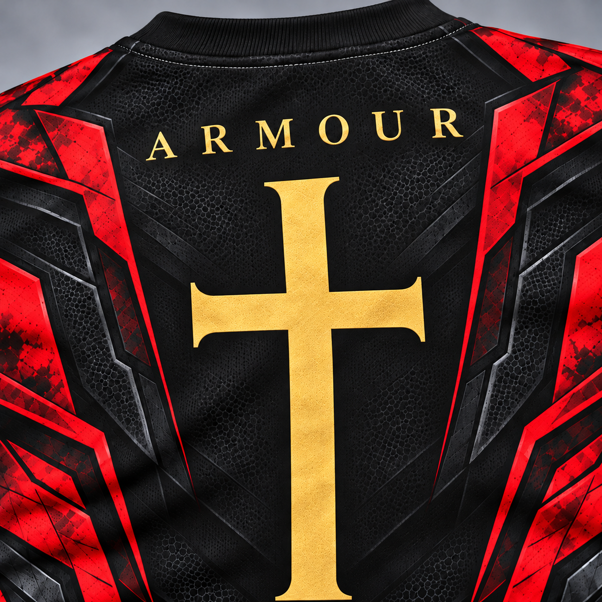 Close-up of the back of a black athletic jersey with red angular side panels, a large gold cross in the center, and the word ARMOUR in gold above it.