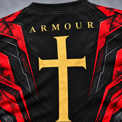 Close-up of the back of a black athletic jersey with red angular side panels, a large gold cross in the center, and the word ARMOUR in gold above it.