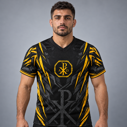 A man wearing a black and yellow athletic jersey with a V-neck, featuring a yellow monogram logo on the chest, set against a solid gray studio background.