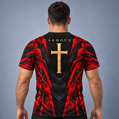 A man viewed from behind wearing a short-sleeve rugby jersey with a red and black geometric pattern and a large gold cross on the back. The word 'ARMOUR' is printed above the cross.