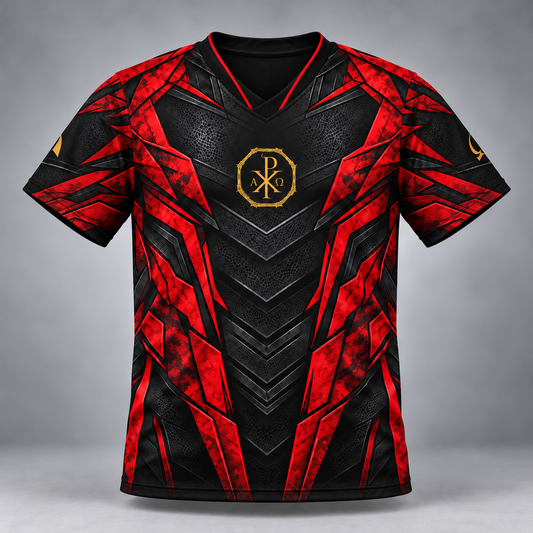 A short-sleeve athletic jersey with a black and red futuristic armored pattern, featuring a gold monogram logo on the chest and a small gold emblem on the sleeve, shown against a gray gradient background.