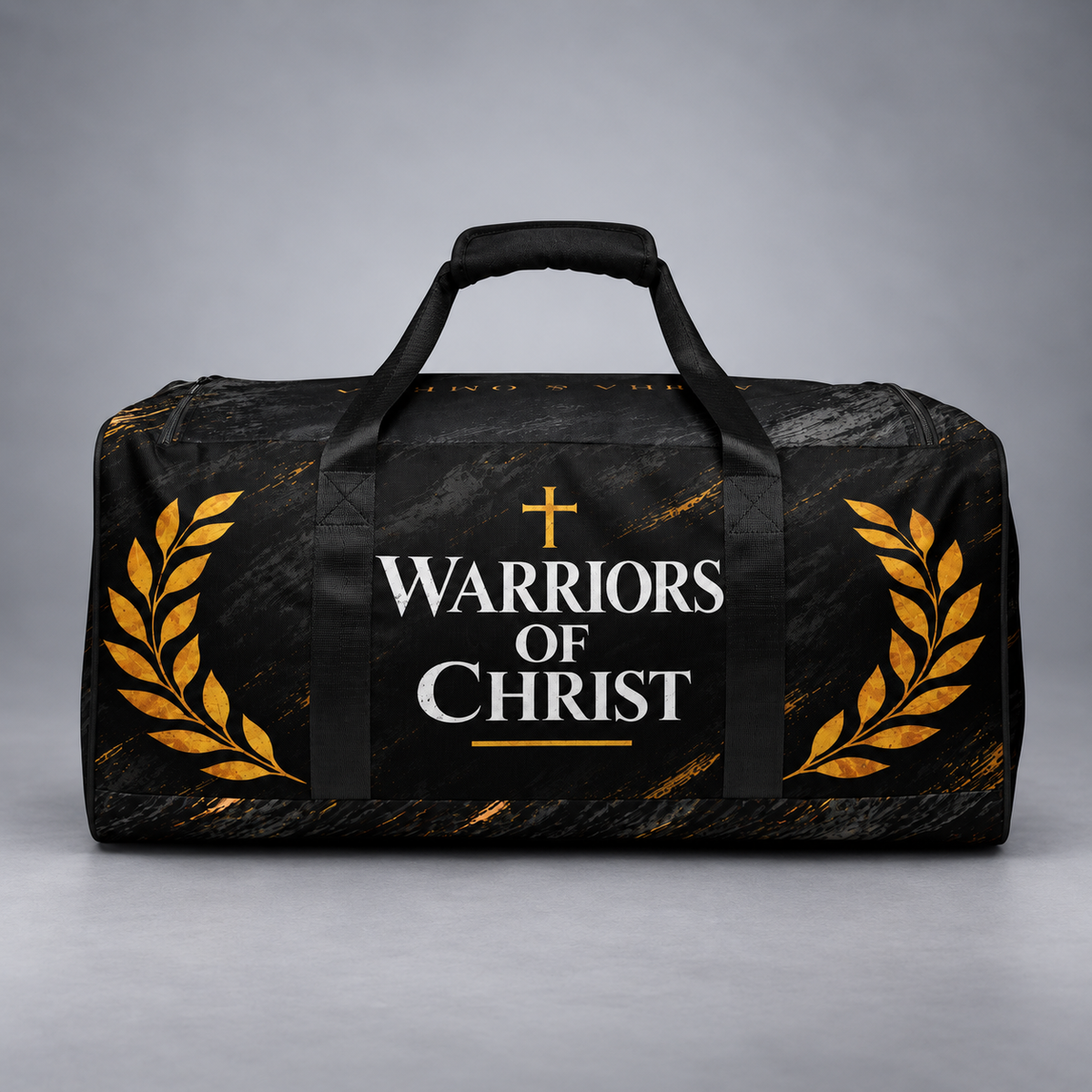 A black duffel bag with a textured finish, featuring a central black panel with the text 'WARRIORS OF CHRIST' in white and a gold cross, flanked by gold laurel wreaths on both sides.