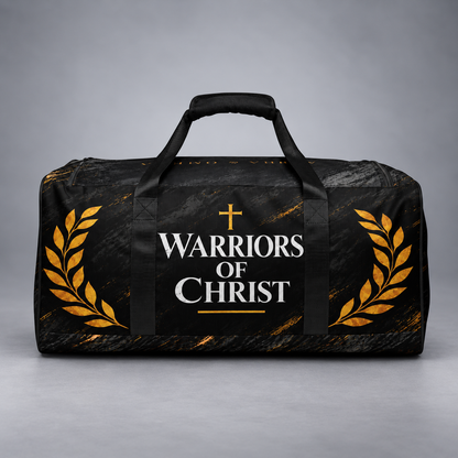 A black duffel bag with a textured finish, featuring a central black panel with the text 'WARRIORS OF CHRIST' in white and a gold cross, flanked by gold laurel wreaths on both sides.