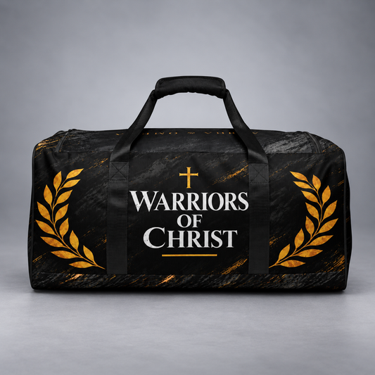 A black duffel bag with a textured finish, featuring a central black panel with the text 'WARRIORS OF CHRIST' in white and a gold cross, flanked by gold laurel wreaths on both sides.