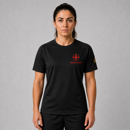 A woman modeling a black short-sleeve athletic t-shirt with a red cross logo and 'milites christi' text on the left chest, against a neutral gray background.