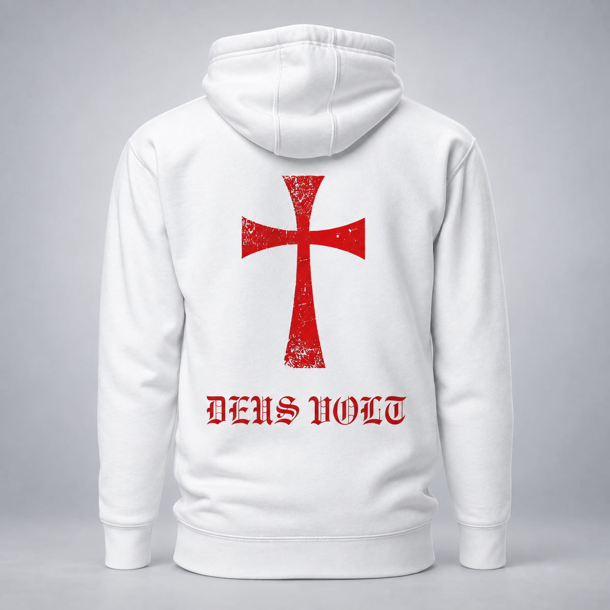 White pullover hoodie shown from the back, featuring a large distressed red cross graphic and the gothic text 'DEUS VOLT' printed below it, on a light gray studio background.