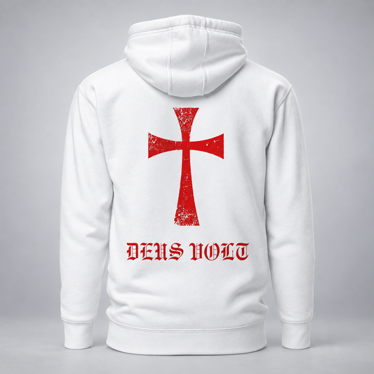White pullover hoodie shown from the back, featuring a large distressed red cross graphic and the gothic text 'DEUS VOLT' printed below it, on a light gray studio background.