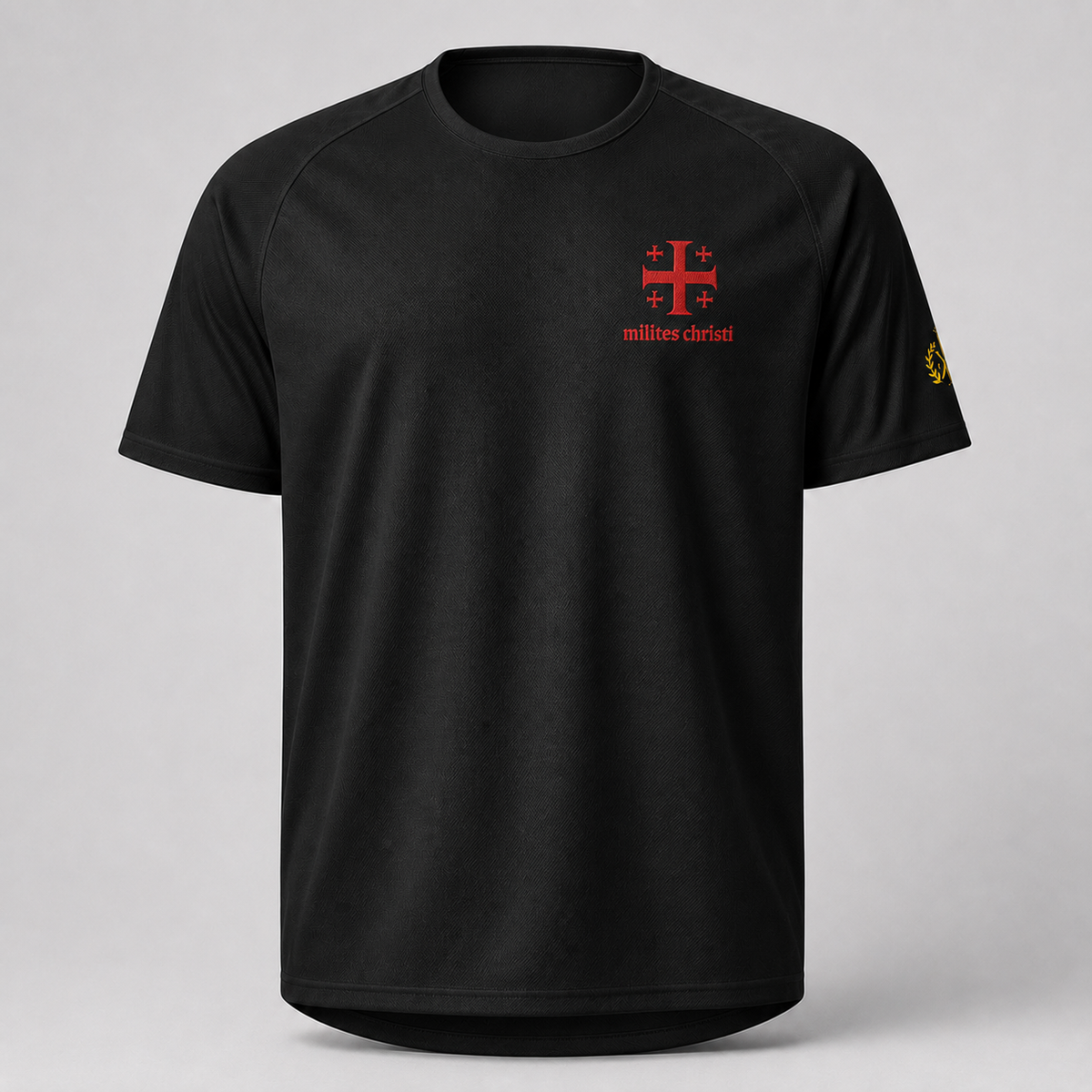 A black short-sleeve athletic t-shirt with a red Jerusalem cross and 'milites Christi' text on the left chest, and a small yellow emblem on the right sleeve, shown against a neutral gray background.