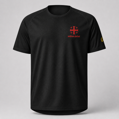 A black short-sleeve athletic t-shirt with a red Jerusalem cross and 'milites Christi' text on the left chest, and a small yellow emblem on the right sleeve, shown against a neutral gray background.