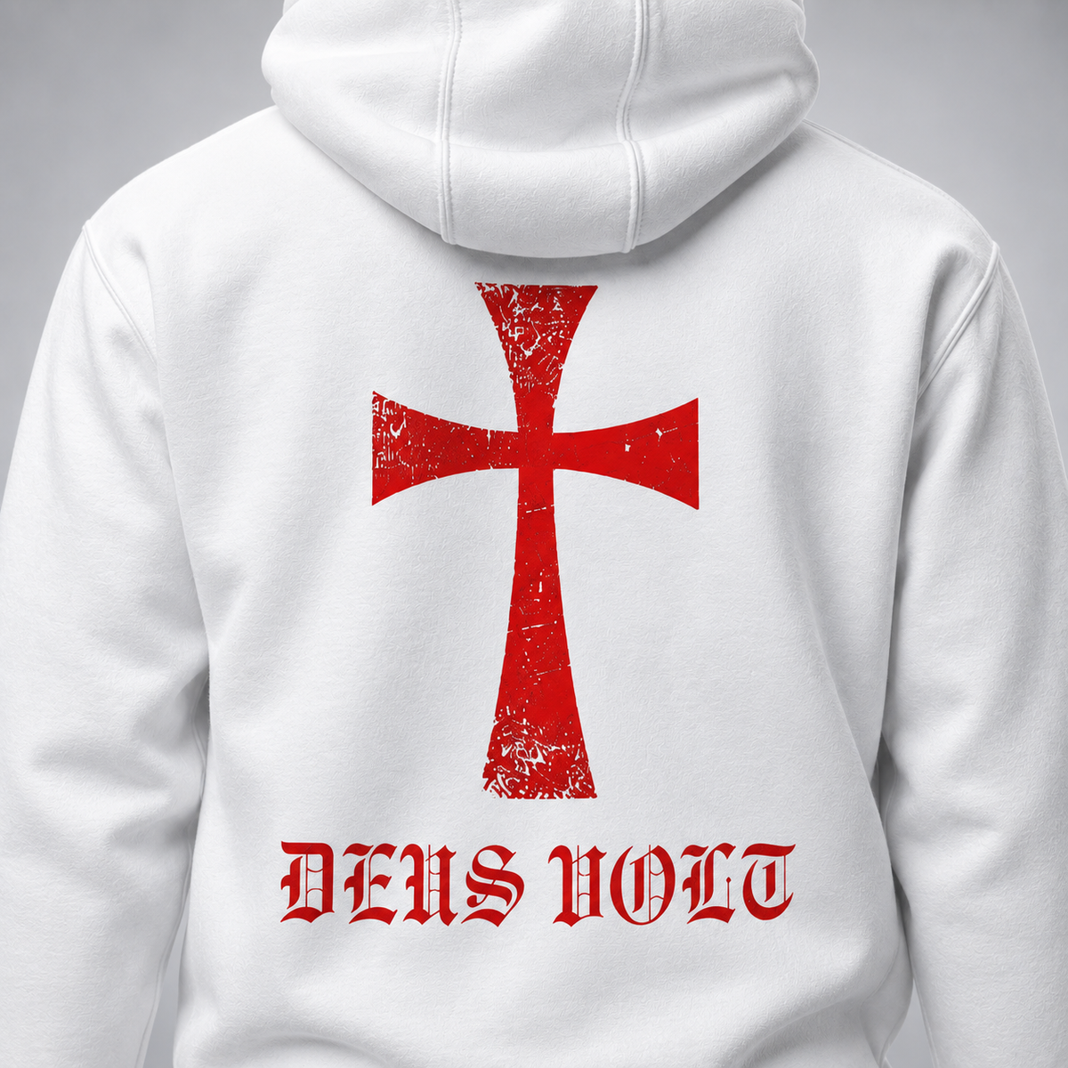 White pullover hoodie shown from the back, featuring a large distressed red cross graphic and the text 'DEUS VOLT' in red gothic lettering.