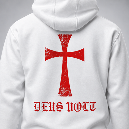 White pullover hoodie shown from the back, featuring a large distressed red cross graphic and the text 'DEUS VOLT' in red gothic lettering.