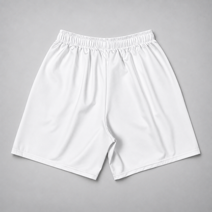 White athletic shorts with an elastic waistband, laid flat on a neutral gray background.